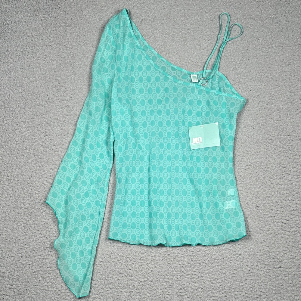 Asymmetric One-Shoulder Mint Green Blouse with Draped Sleeve - Picture 15 of 16